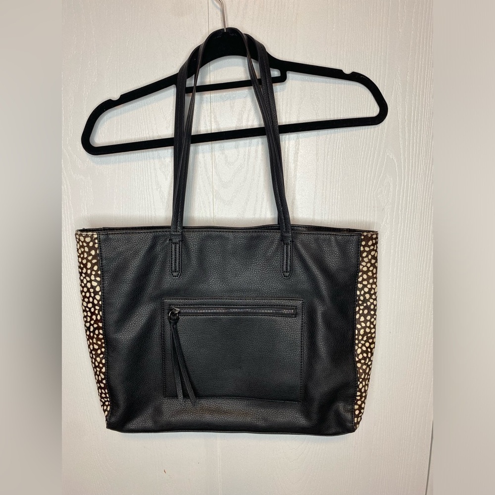 Banana Republic Black Faux Leather Tote Purse | Animal Print Side Panels
